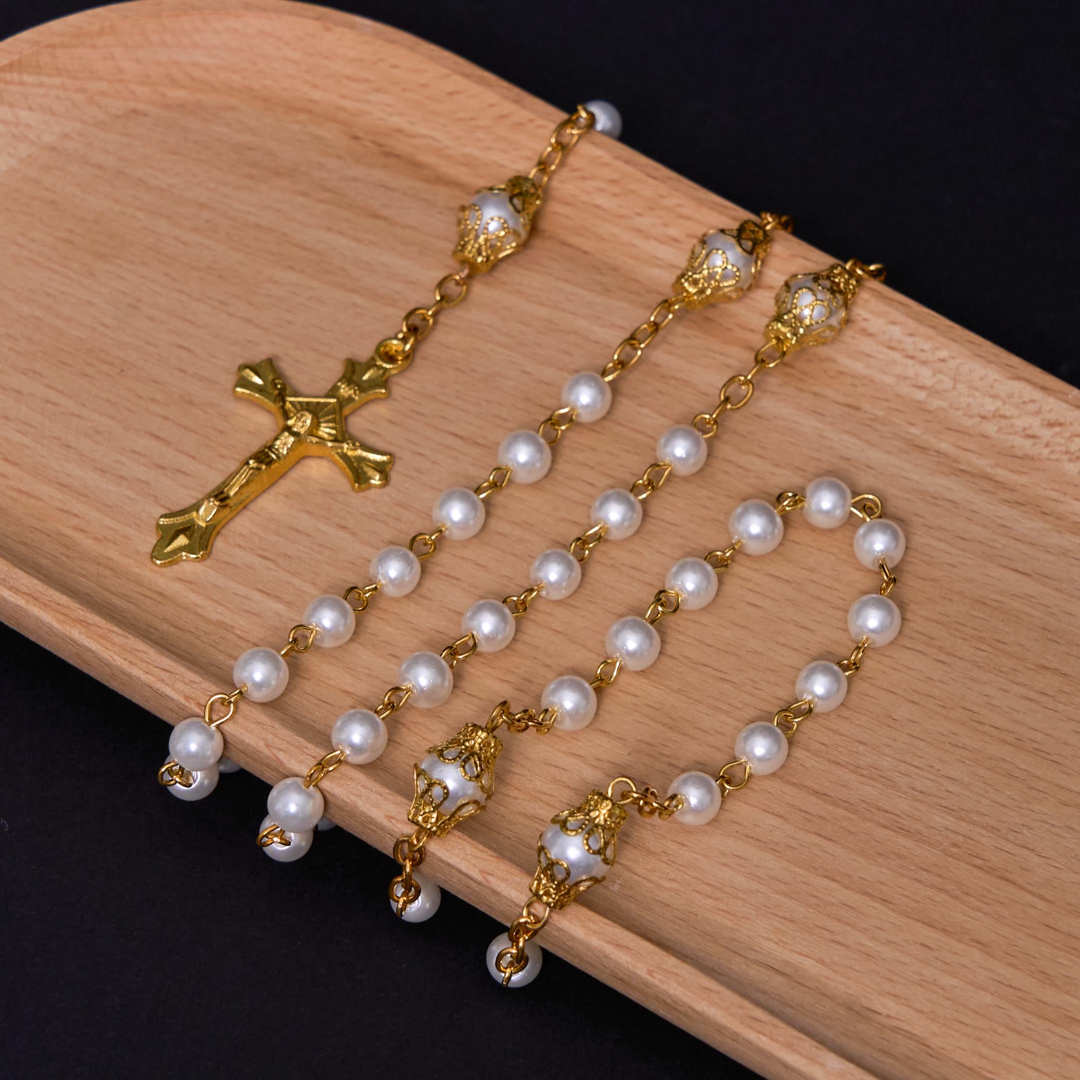 christiandiscipleshopSt. Benedict Medal & Crucifix of 6 mm Round White Pearl Alloy Chain Rosary