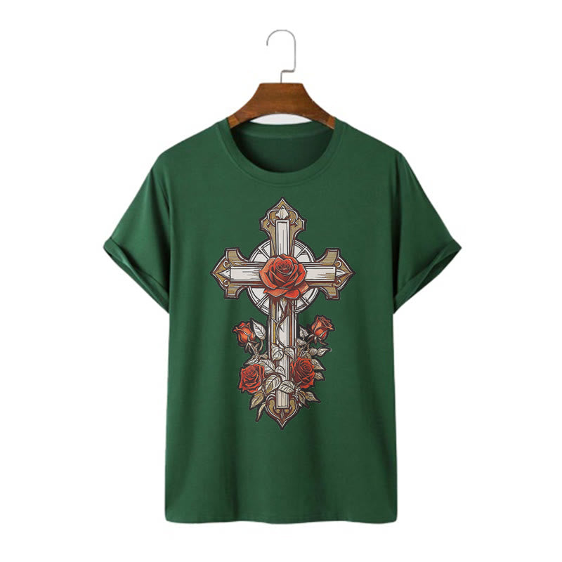 Christiandiscipleshop Romantic Style Redemptive Grace Cross with Roses Short Sleeve Washed T-shirt