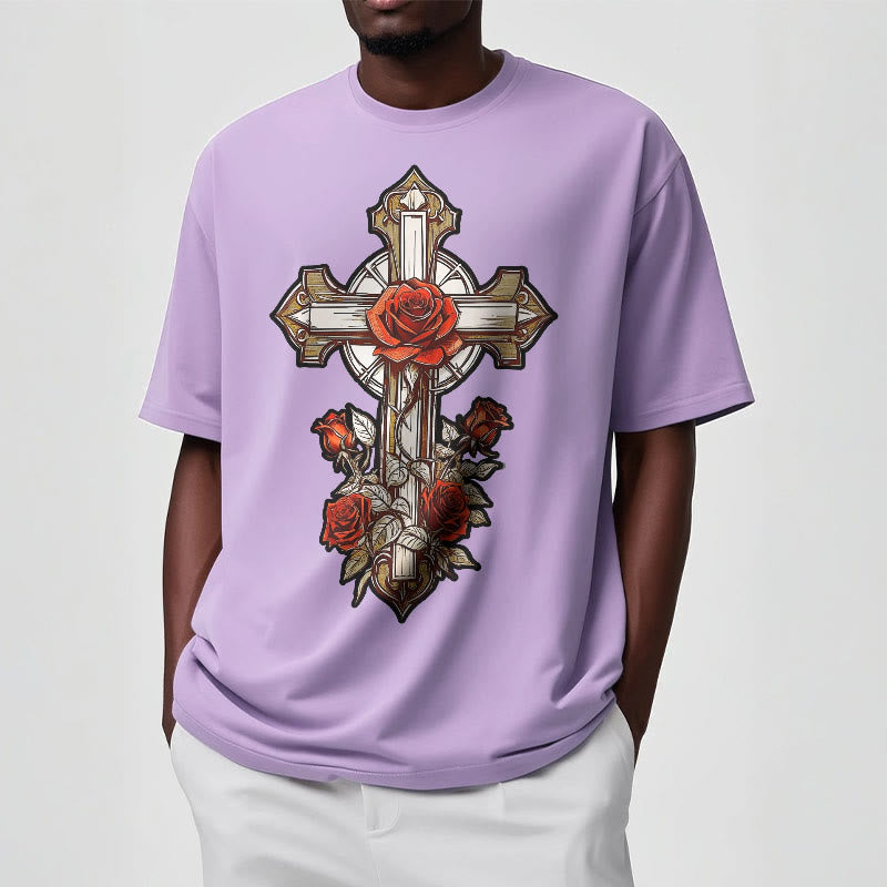 Christiandiscipleshop Romantic Style Redemptive Grace Cross with Roses Short Sleeve Washed T-shirt