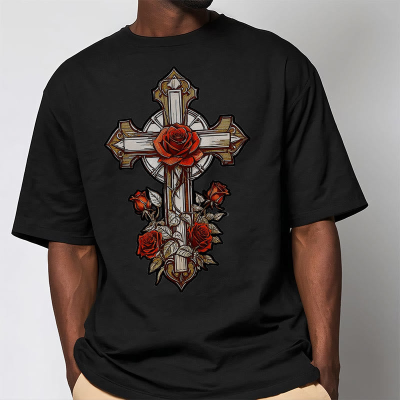 Christiandiscipleshop Romantic Style Redemptive Grace Cross with Roses Short Sleeve Washed T-shirt