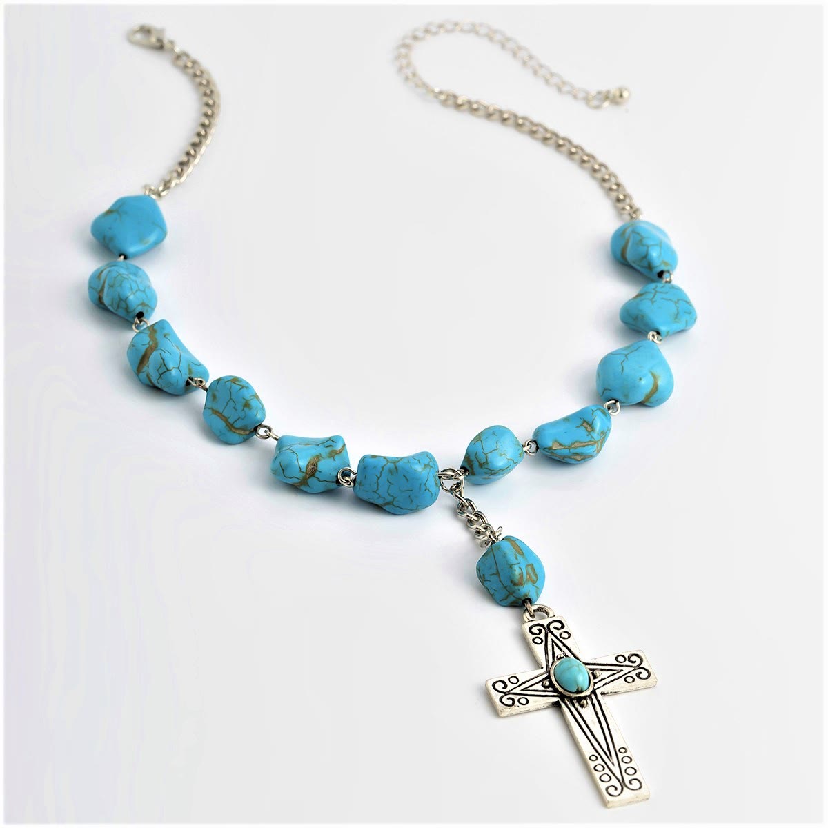 Christiandiscipleshop Retro Style Turquoise Natural Stone Cross Pendant Necklace