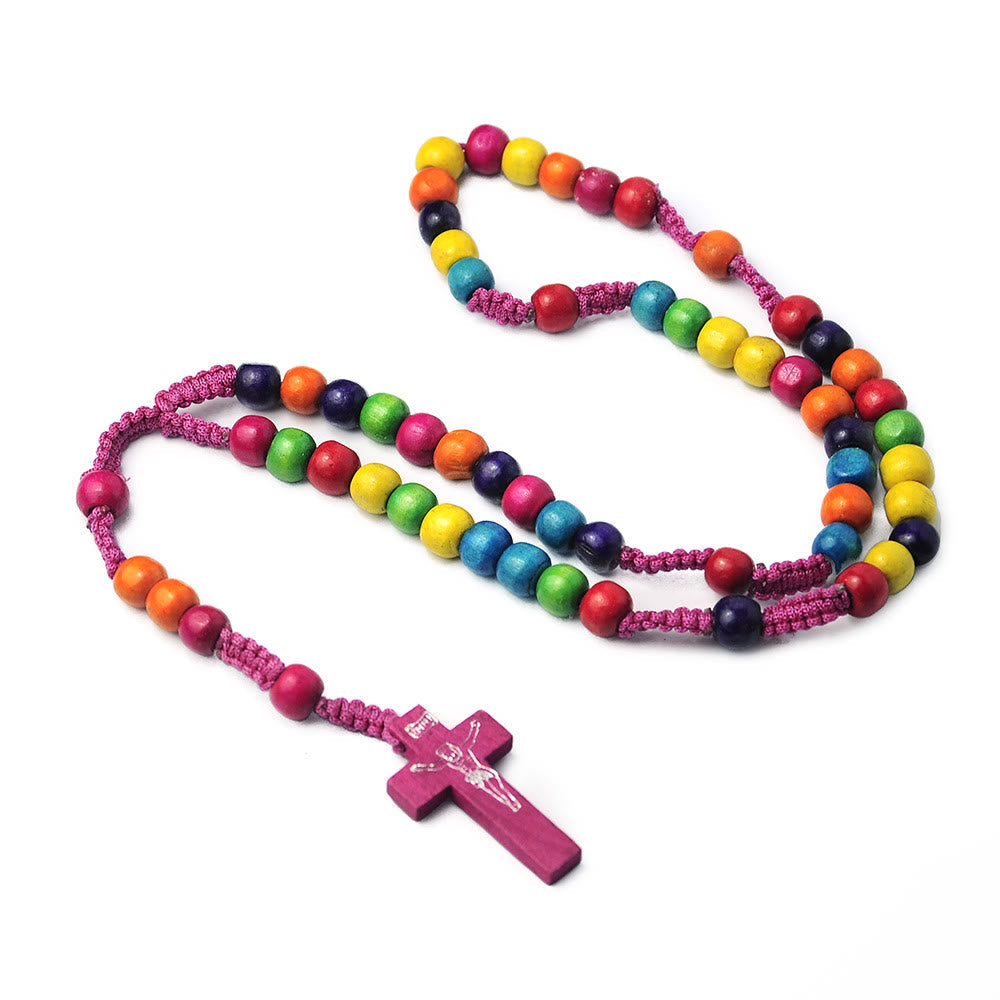 Christiandiscipleshop Crucifix of 8 mm Round Multicolor Wood Nylon Cord Rosary
