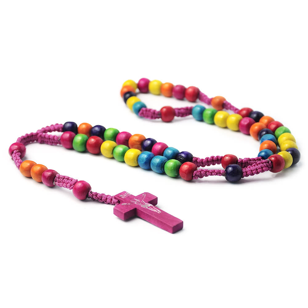 Christiandiscipleshop Crucifix of 8 mm Round Multicolor Wood Nylon Cord Rosary
