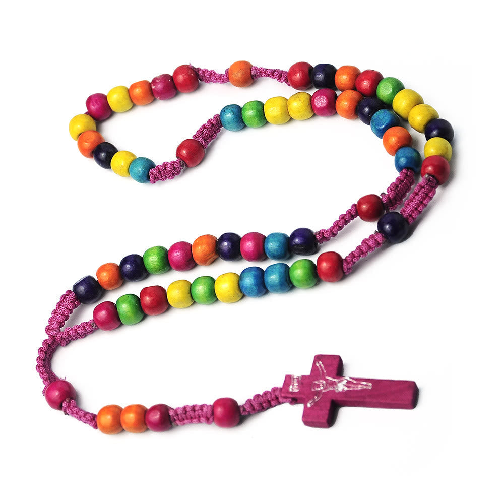 Christiandiscipleshop Crucifix of 8 mm Round Multicolor Wood Nylon Cord Rosary