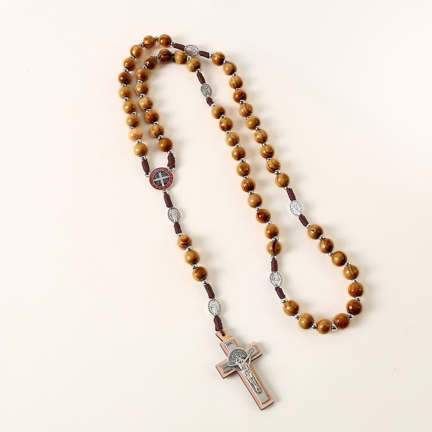 christiandiscipleshop Miraculous Medal & St. Benedict Medal & Crucifix of 10 mm Round Brown Wood Nylon Cord Rosary