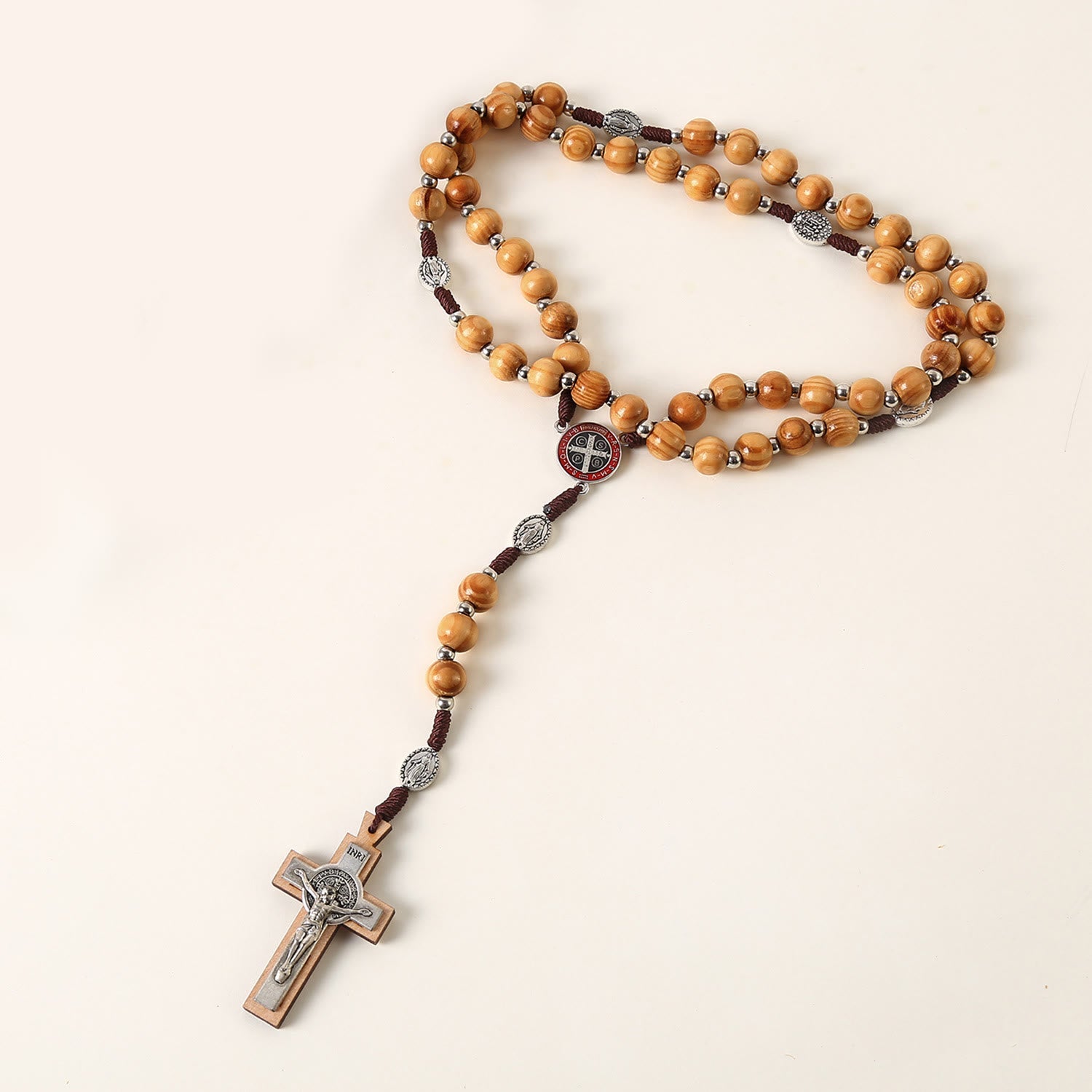 christiandiscipleshop Miraculous Medal & St. Benedict Medal & Crucifix of 10 mm Round Brown Wood Nylon Cord Rosary