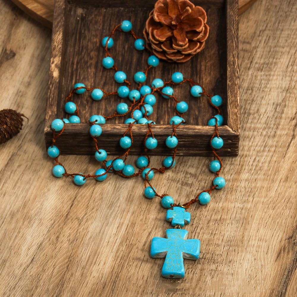 Christiandiscipleshop Folk Style Turquoise Braided Cross Pendant Necklace