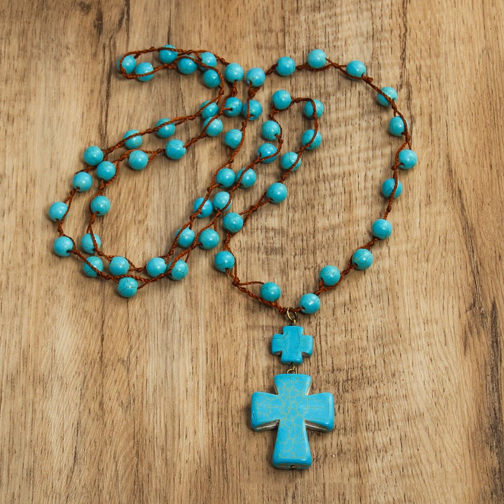 Christiandiscipleshop Folk Style Turquoise Braided Cross Pendant Necklace