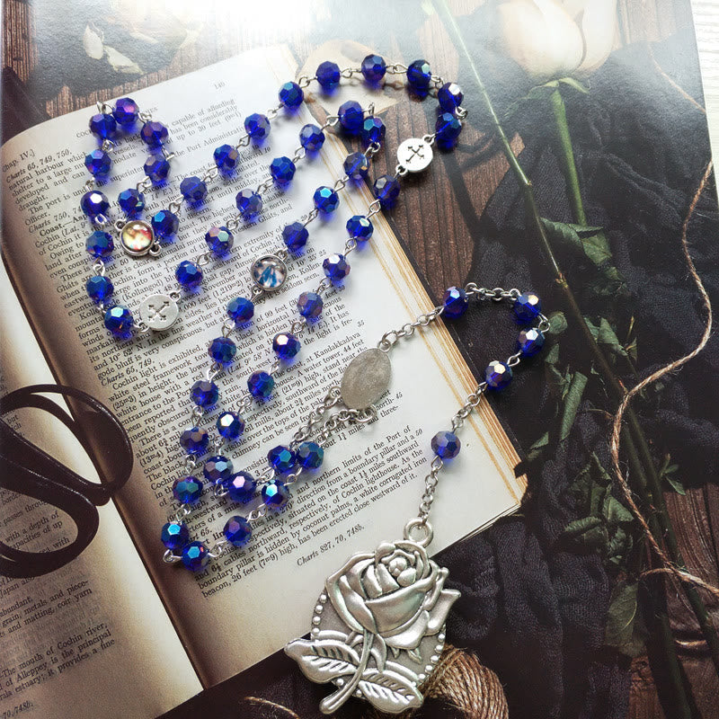 Christiandiscipleshop Our Lady of Fátima & Sacred Heart of Jesus of 6 mm Polyhedron Blue Crystal Alloy Chain Rosary