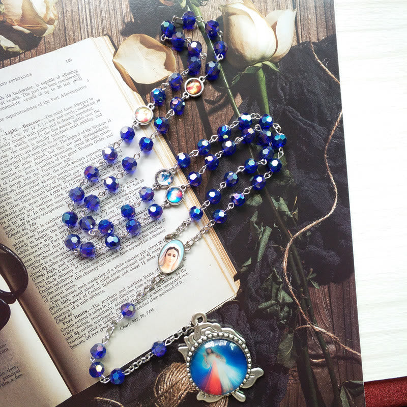 Christiandiscipleshop Our Lady of Fátima & Sacred Heart of Jesus of 6 mm Polyhedron Blue Crystal Alloy Chain Rosary