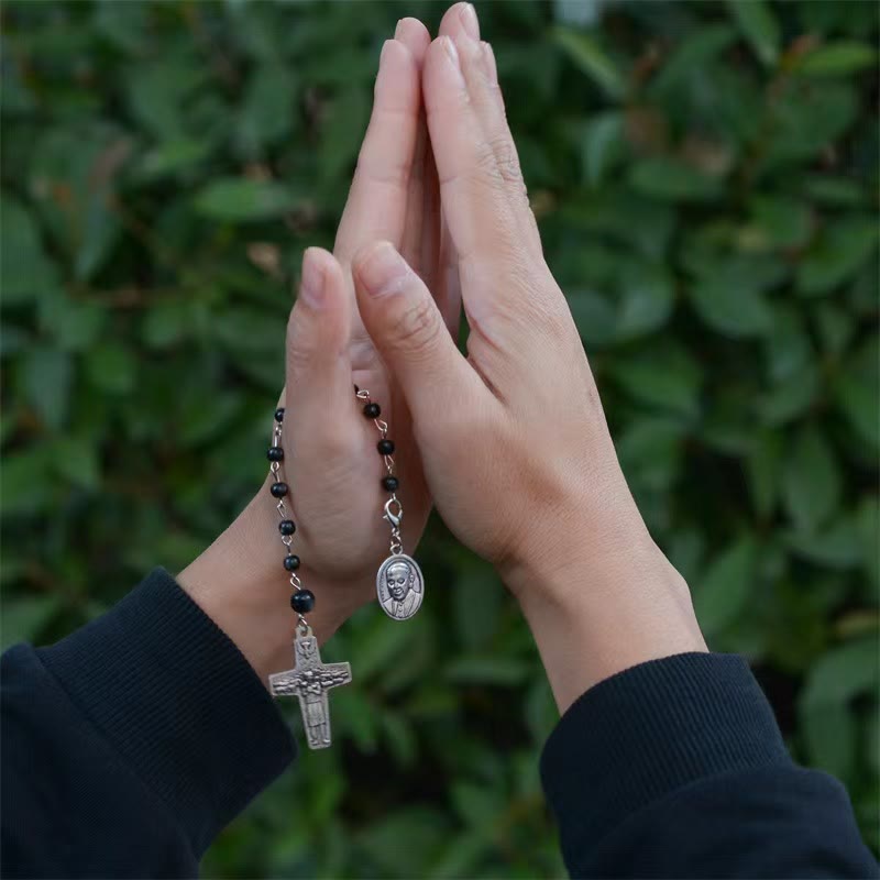 Christiandiscipleshop Retro Style Crucifix and St. Peter's Basilica Badge Black Beads Prayer Rosary