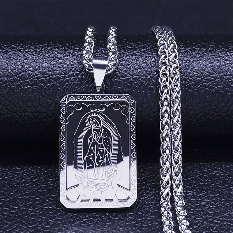 Christiandiscipleshop Classic Style Our Lady of Guadalupe Square Hangtag Stainless Steel Pendant Necklace