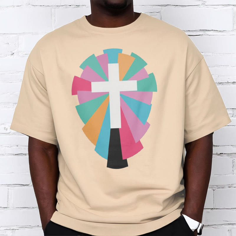 Christiandiscipleshop Creative Style Radiating Rays and Cross Short Sleeve Washed T-shirt