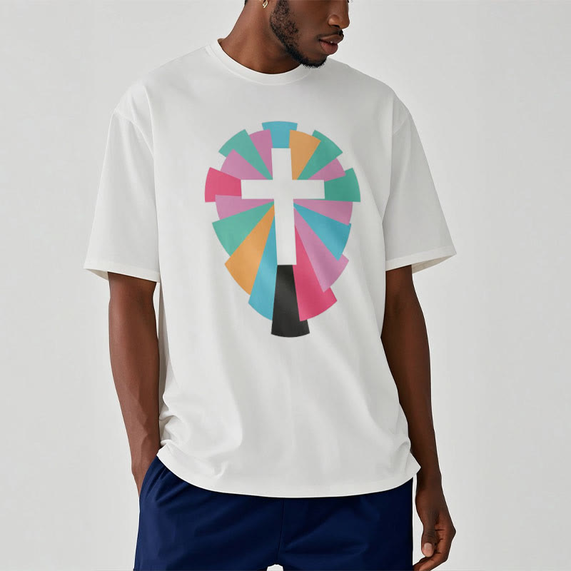 Christiandiscipleshop Creative Style Radiating Rays and Cross Short Sleeve Washed T-shirt