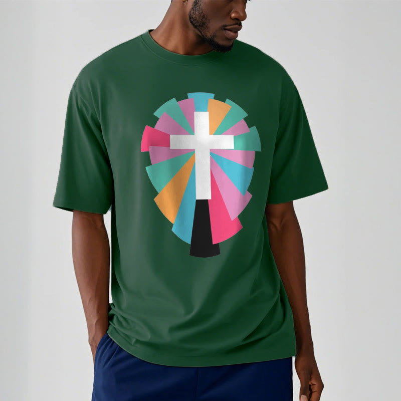 Christiandiscipleshop Creative Style Radiating Rays and Cross Short Sleeve Washed T-shirt