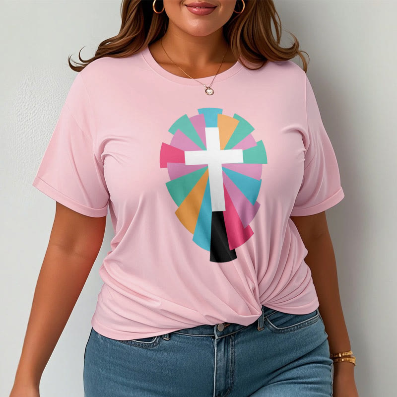 Christiandiscipleshop Creative Style Radiating Rays and Cross Short Sleeve Washed T-shirt