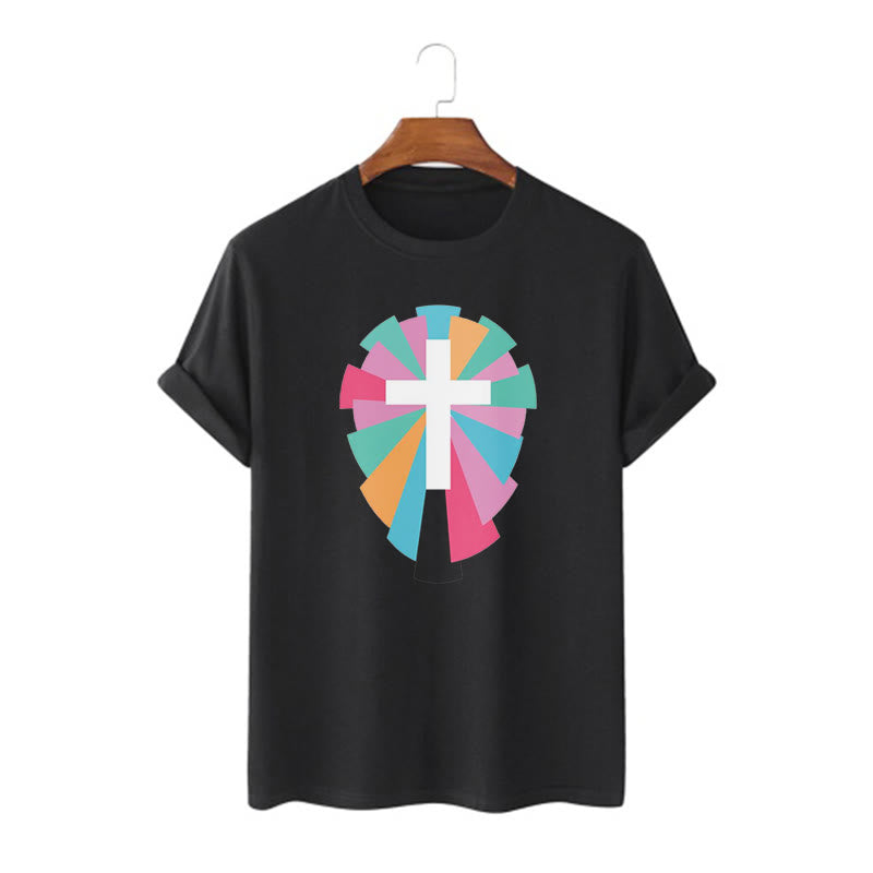 Christiandiscipleshop Creative Style Radiating Rays and Cross Short Sleeve Washed T-shirt