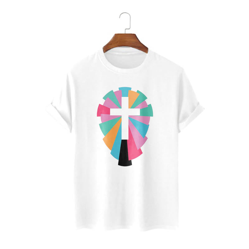 Christiandiscipleshop Creative Style Radiating Rays and Cross Short Sleeve Washed T-shirt