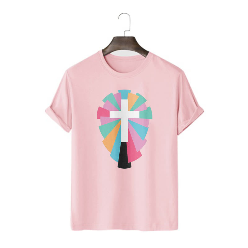 Christiandiscipleshop Creative Style Radiating Rays and Cross Short Sleeve Washed T-shirt