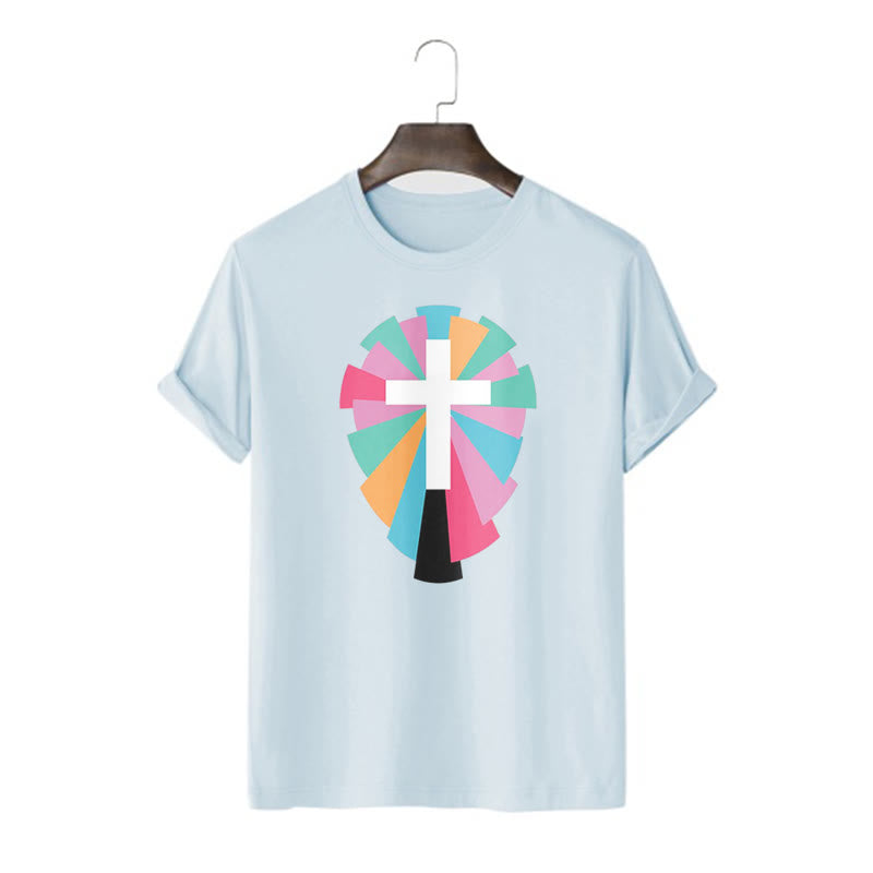 Christiandiscipleshop Creative Style Radiating Rays and Cross Short Sleeve Washed T-shirt