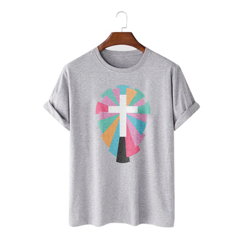 Christiandiscipleshop Creative Style Radiating Rays and Cross Short Sleeve Washed T-shirt