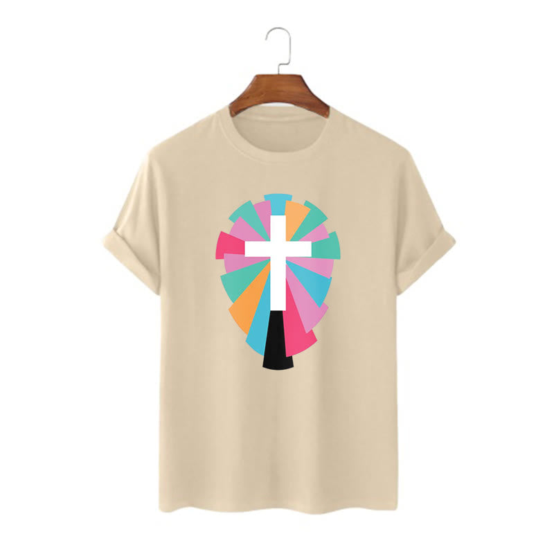 Christiandiscipleshop Creative Style Radiating Rays and Cross Short Sleeve Washed T-shirt