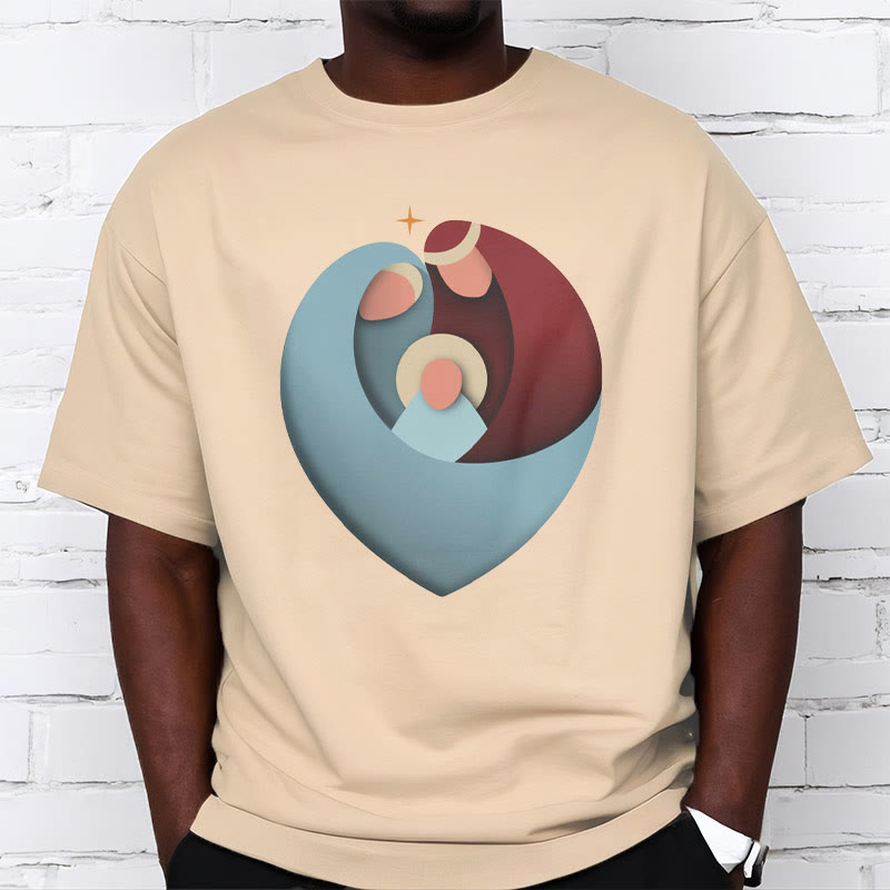 Christiandiscipleshop Creative Style the Holy Family with Our Sacred Heart Short Sleeve Washed T-shirt
