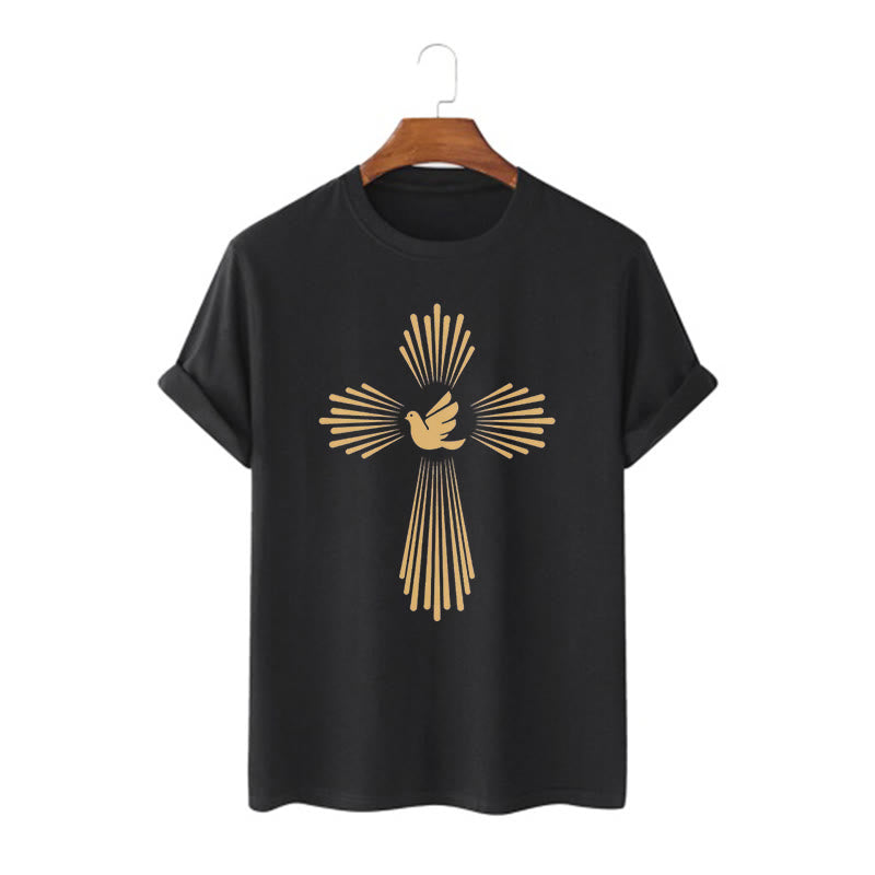 christiandiscipleshop Minimalist Style Holy Spirit Dove Golden Cross and Short Sleeve Washed T-shirt