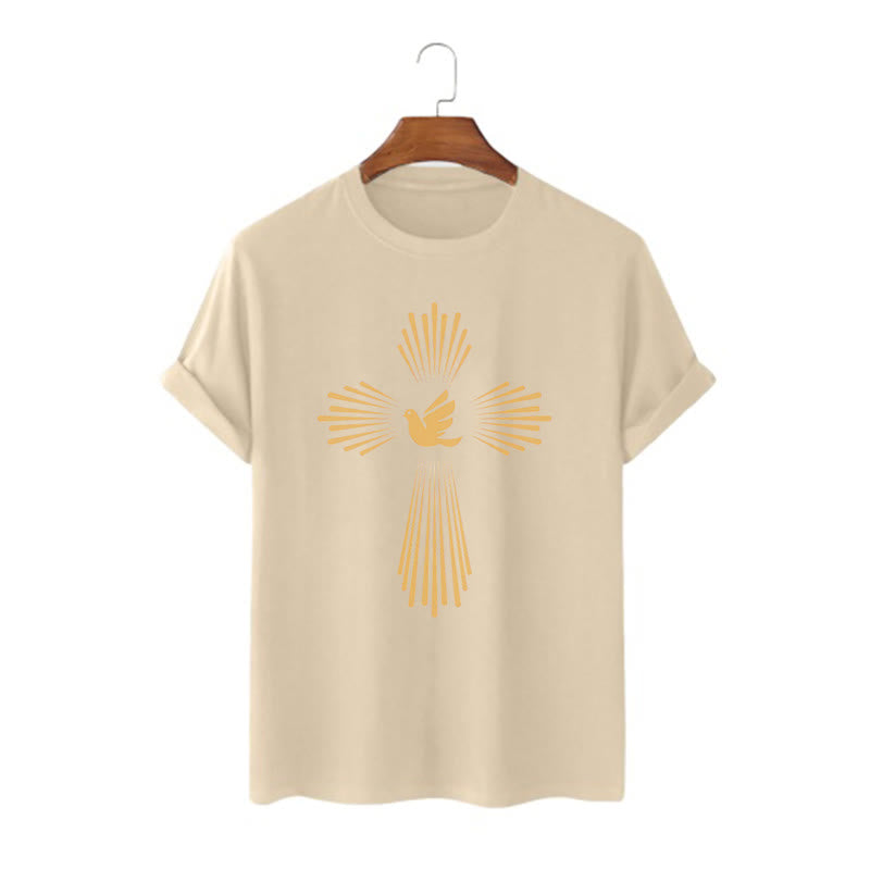 christiandiscipleshop Minimalist Style Holy Spirit Dove Golden Cross and Short Sleeve Washed T-shirt