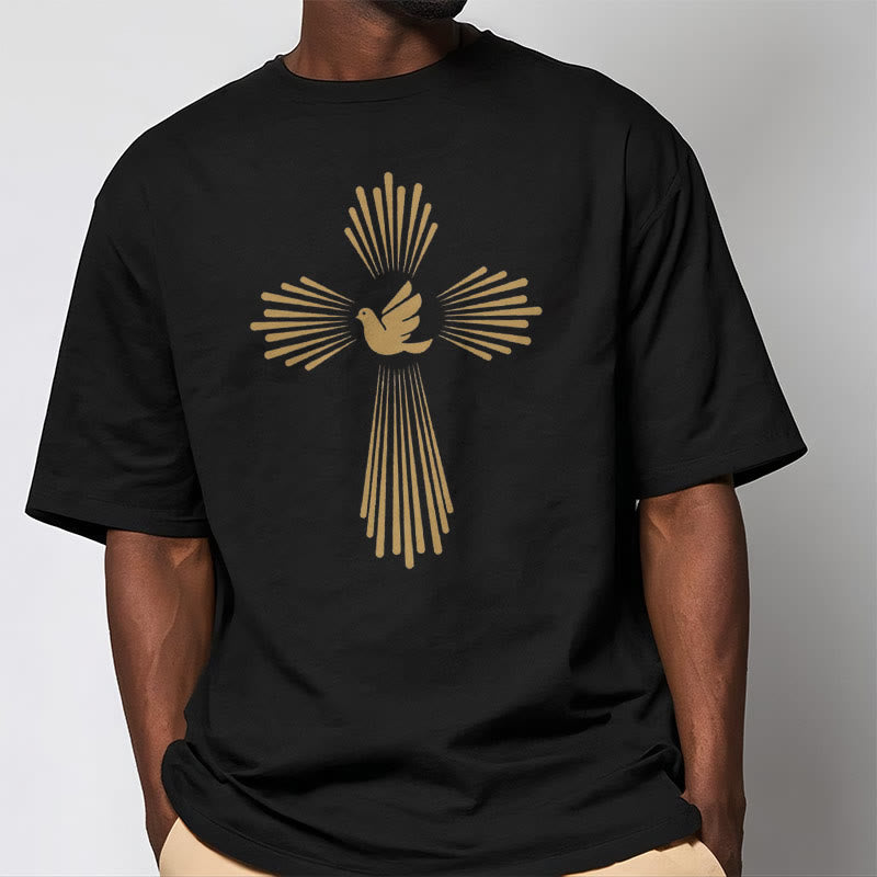 christiandiscipleshop Minimalist Style Holy Spirit Dove Golden Cross and Short Sleeve Washed T-shirt