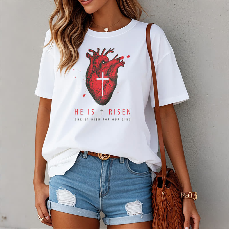Christiandiscipleshop Classic Style He Is Risen Christian Heart and Cross Short Sleeve Washed T-shirt