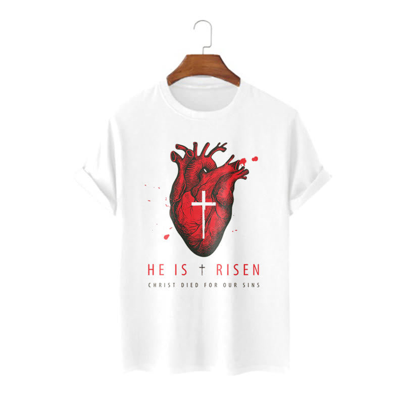 Christiandiscipleshop Classic Style He Is Risen Christian Heart and Cross Short Sleeve Washed T-shirt