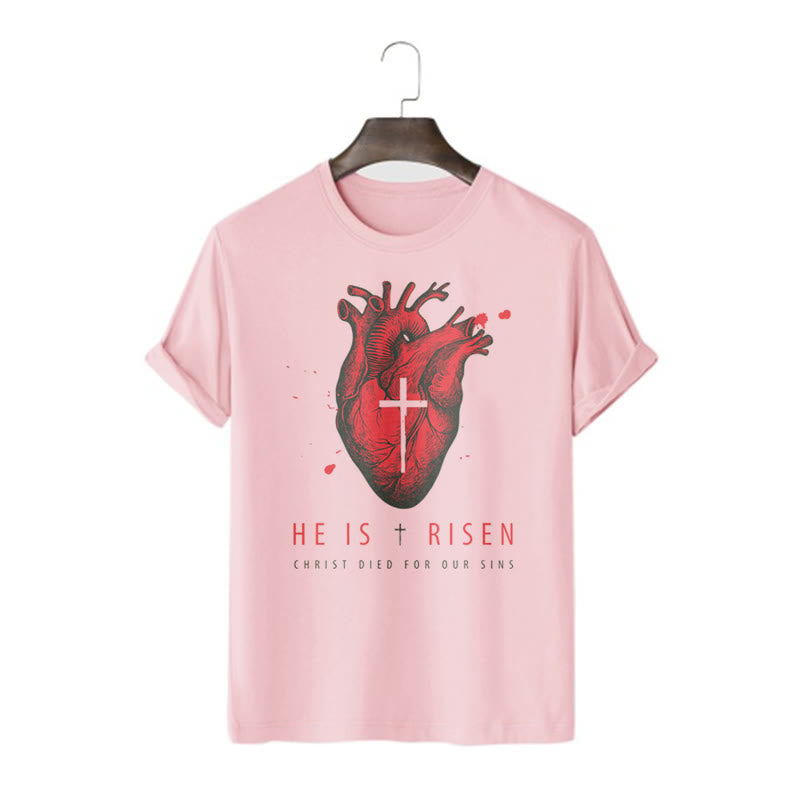 Christiandiscipleshop Classic Style He Is Risen Christian Heart and Cross Short Sleeve Washed T-shirt