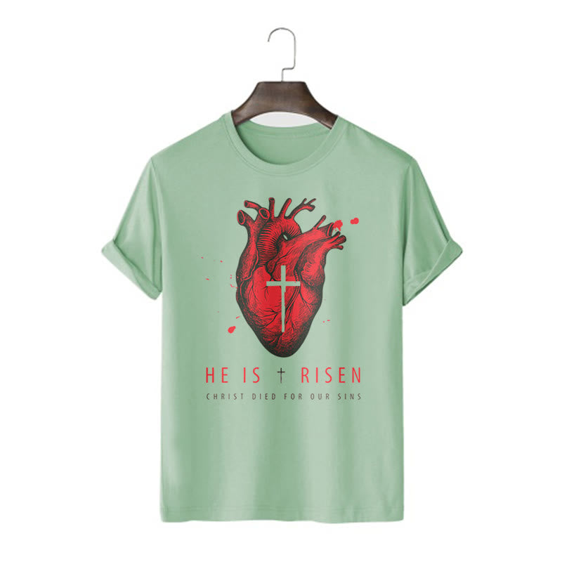 Christiandiscipleshop Classic Style He Is Risen Christian Heart and Cross Short Sleeve Washed T-shirt