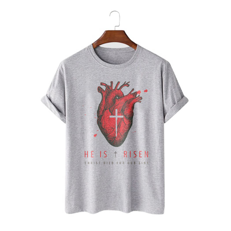 Christiandiscipleshop Classic Style He Is Risen Christian Heart and Cross Short Sleeve Washed T-shirt