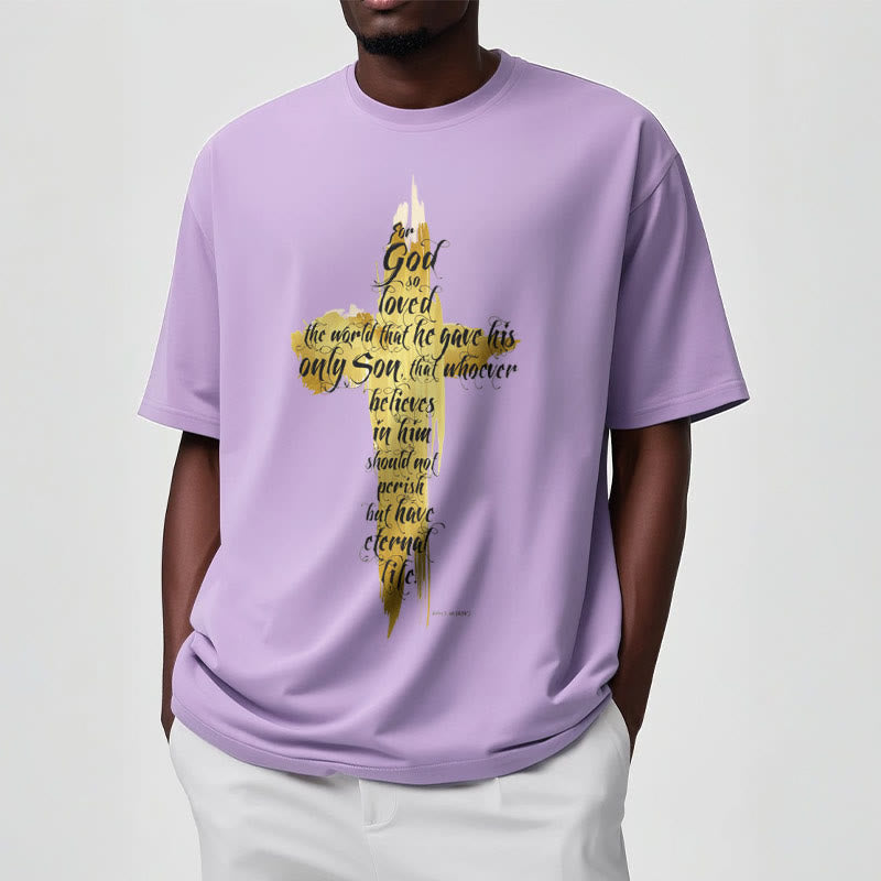 Christiandiscipleshop Quotation Style Golden Cross Scripture - John 3:16 Short Sleeve Washed T-shirt
