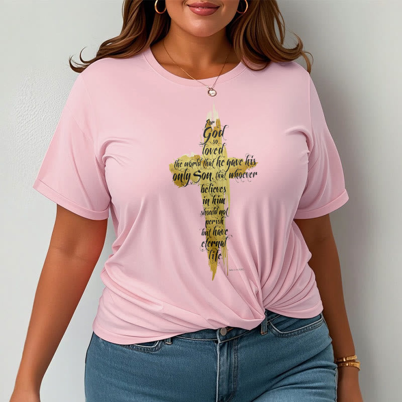 Christiandiscipleshop Quotation Style Golden Cross Scripture - John 3:16 Short Sleeve Washed T-shirt