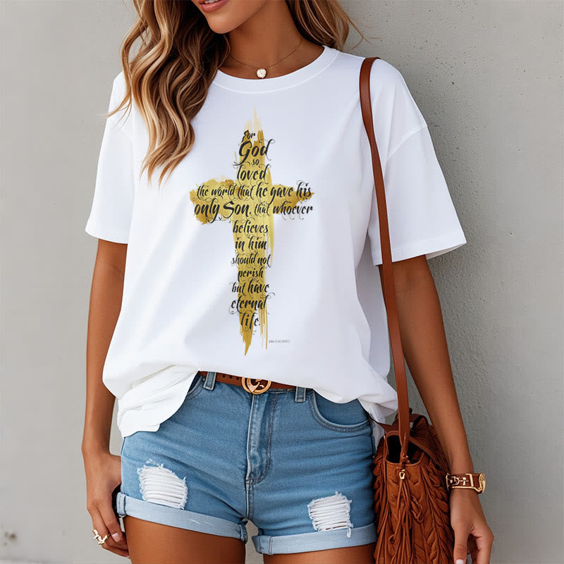 Christiandiscipleshop Quotation Style Golden Cross Scripture - John 3:16 Short Sleeve Washed T-shirt