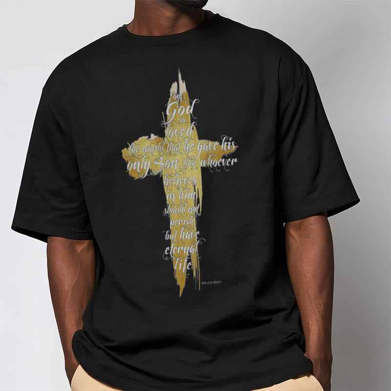 Christiandiscipleshop Quotation Style Golden Cross Scripture - John 3:16 Short Sleeve Washed T-shirt