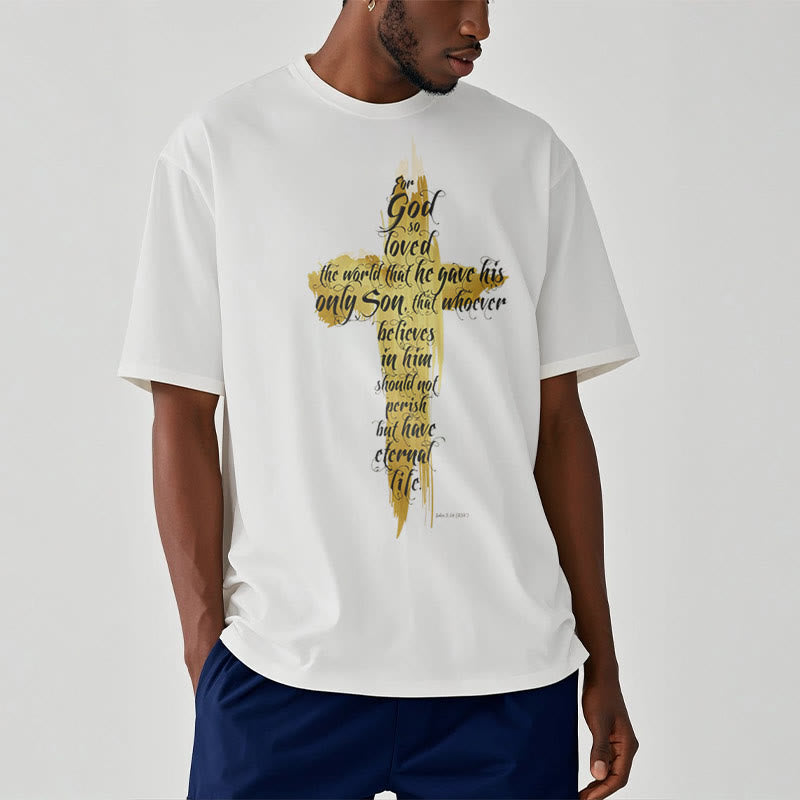Christiandiscipleshop Quotation Style Golden Cross Scripture - John 3:16 Short Sleeve Washed T-shirt