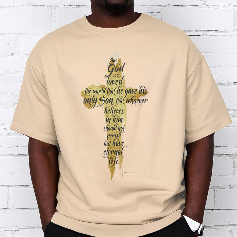 Christiandiscipleshop Quotation Style Golden Cross Scripture - John 3:16 Short Sleeve Washed T-shirt