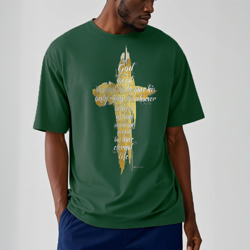 Christiandiscipleshop Quotation Style Golden Cross Scripture - John 3:16 Short Sleeve Washed T-shirt