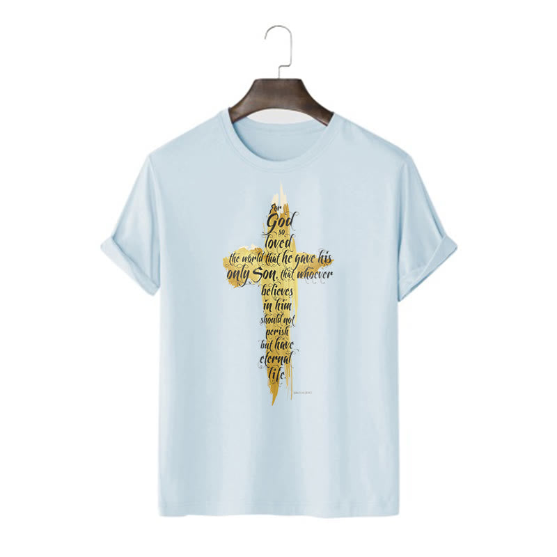 Christiandiscipleshop Quotation Style Golden Cross Scripture - John 3:16 Short Sleeve Washed T-shirt