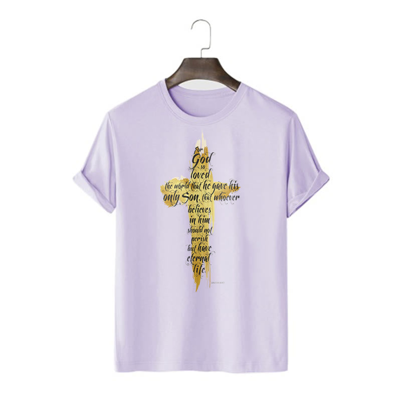 Christiandiscipleshop Quotation Style Golden Cross Scripture - John 3:16 Short Sleeve Washed T-shirt