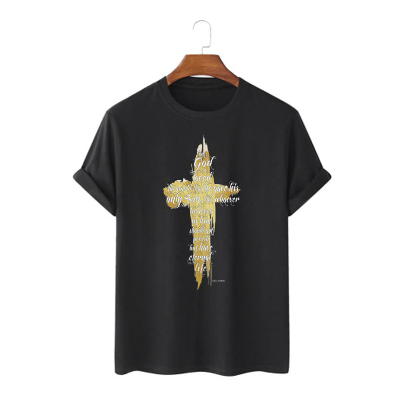 Christiandiscipleshop Quotation Style Golden Cross Scripture - John 3:16 Short Sleeve Washed T-shirt