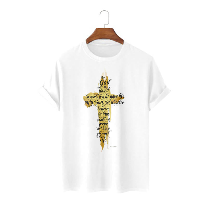Christiandiscipleshop Quotation Style Golden Cross Scripture - John 3:16 Short Sleeve Washed T-shirt