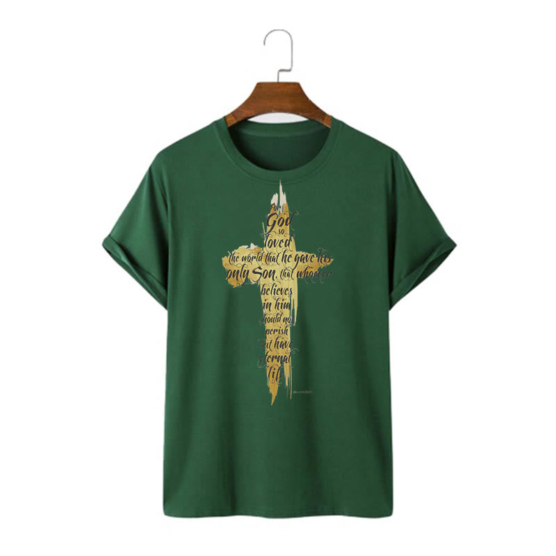 Christiandiscipleshop Quotation Style Golden Cross Scripture - John 3:16 Short Sleeve Washed T-shirt