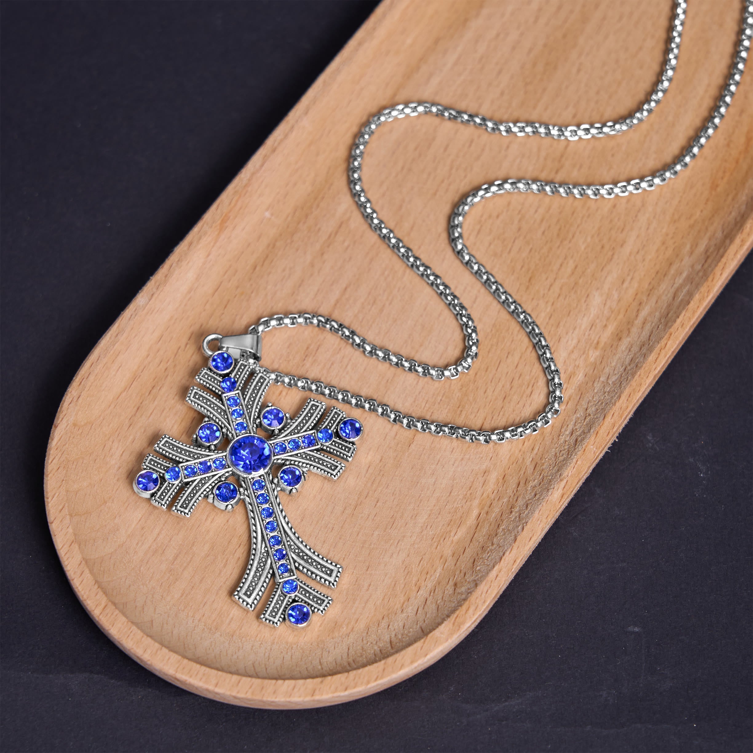 Christiandiscipleshop Retro Bohemian Style Blue Gemstones Cross Pendant Necklace