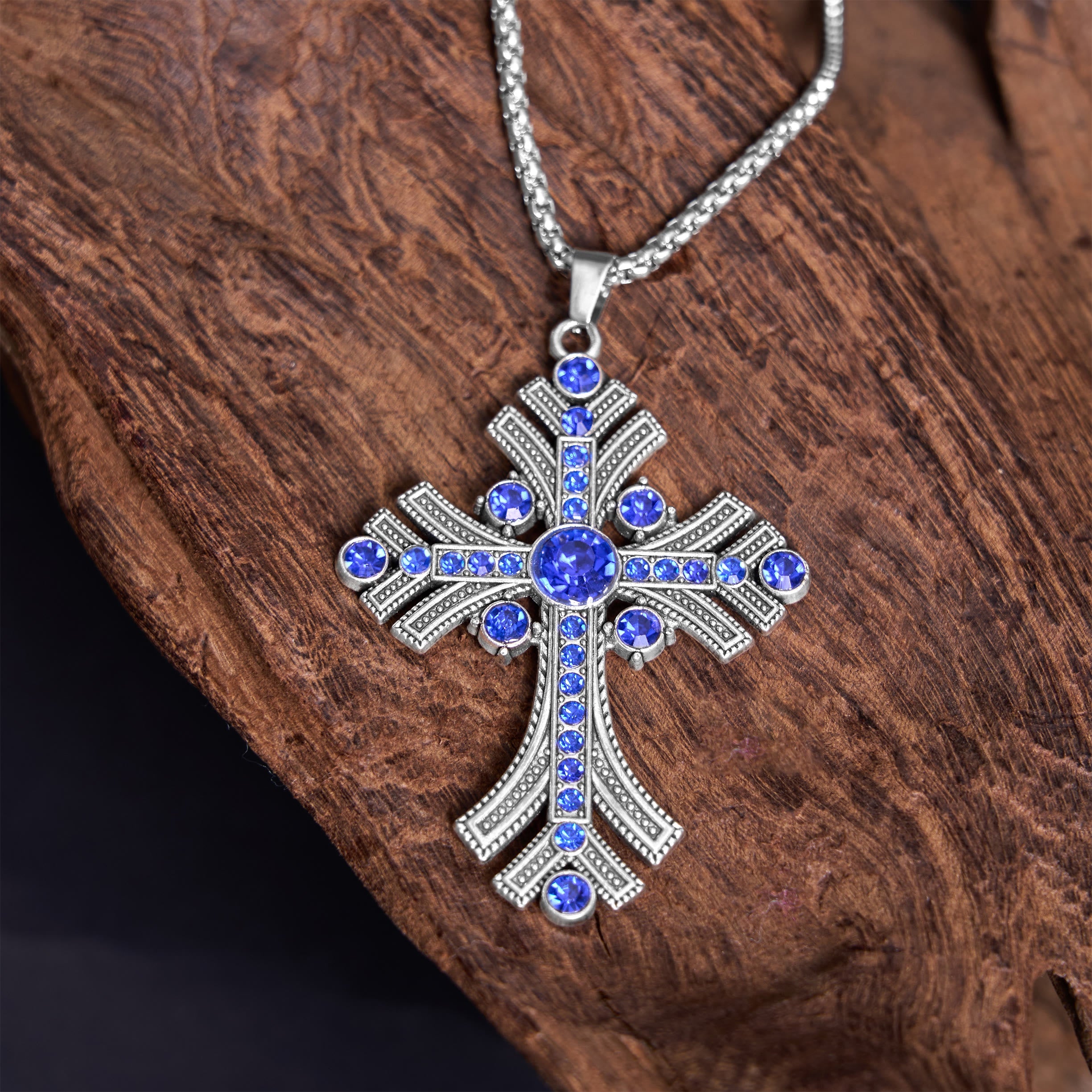 Christiandiscipleshop Retro Bohemian Style Blue Gemstones Cross Pendant Necklace