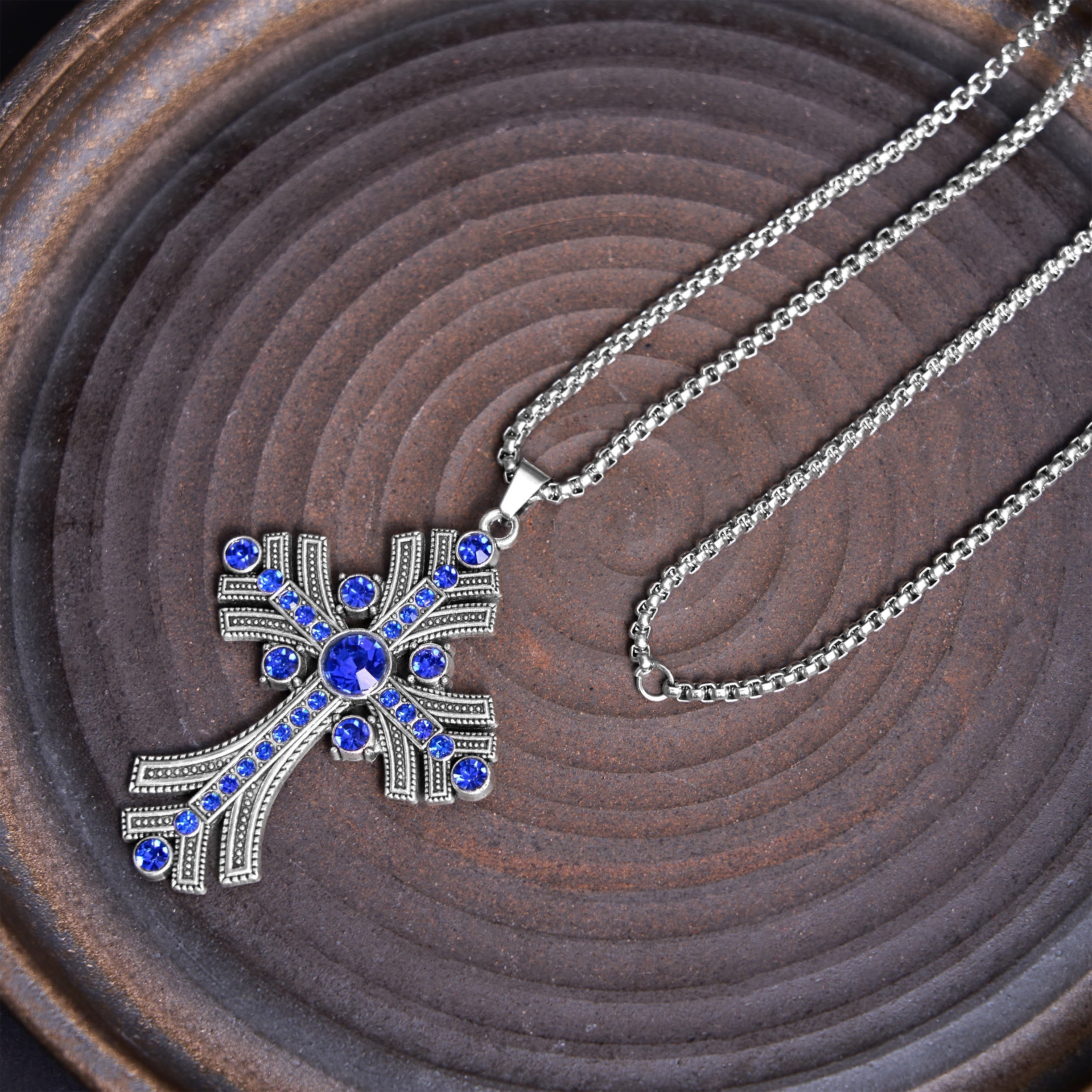 Christiandiscipleshop Retro Bohemian Style Blue Gemstones Cross Pendant Necklace